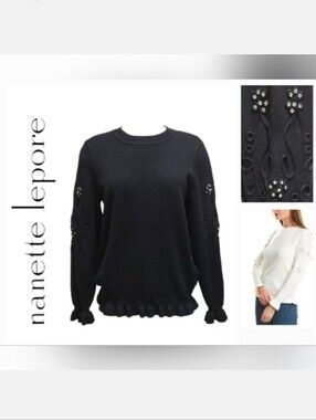 Nanette Lepore Black Ruffle Trim Sweater with Rhinestone Sleeve Detailing Sz L
